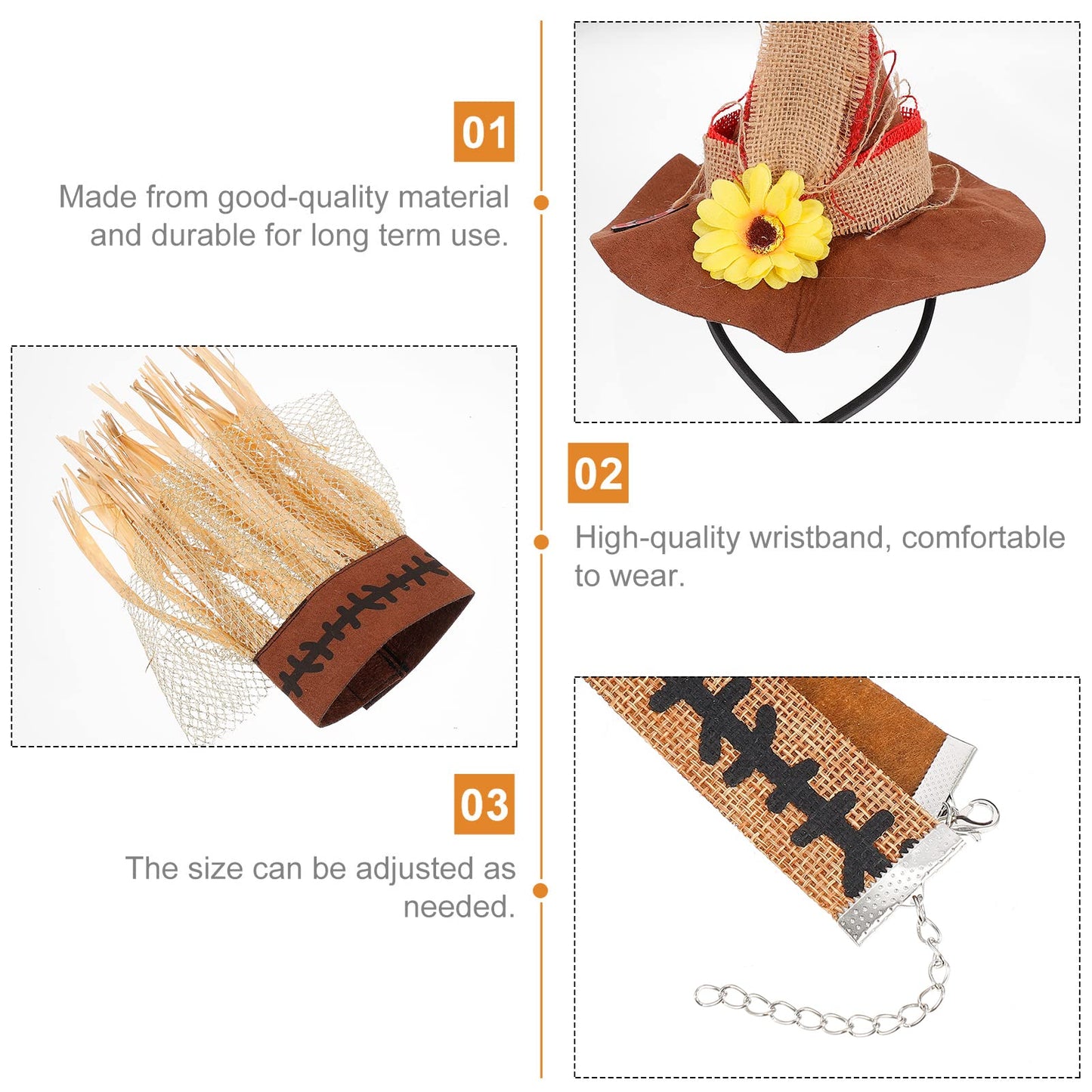 4Pcs Halloween Straw Hat Costumes Straw Sunflower Wizard Hat with Necklace Wristband Decoration for Harvest Carnival Cosplay Adornment