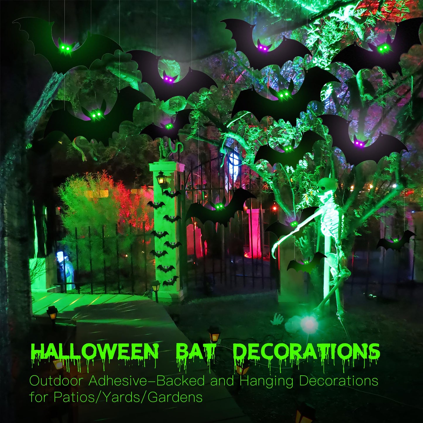 24 Pack Light-Up Halloween Bats Decorations Removable Hanging PVC Bats w Lights for Halloween Party Indoor Outdoor Home Window Garage