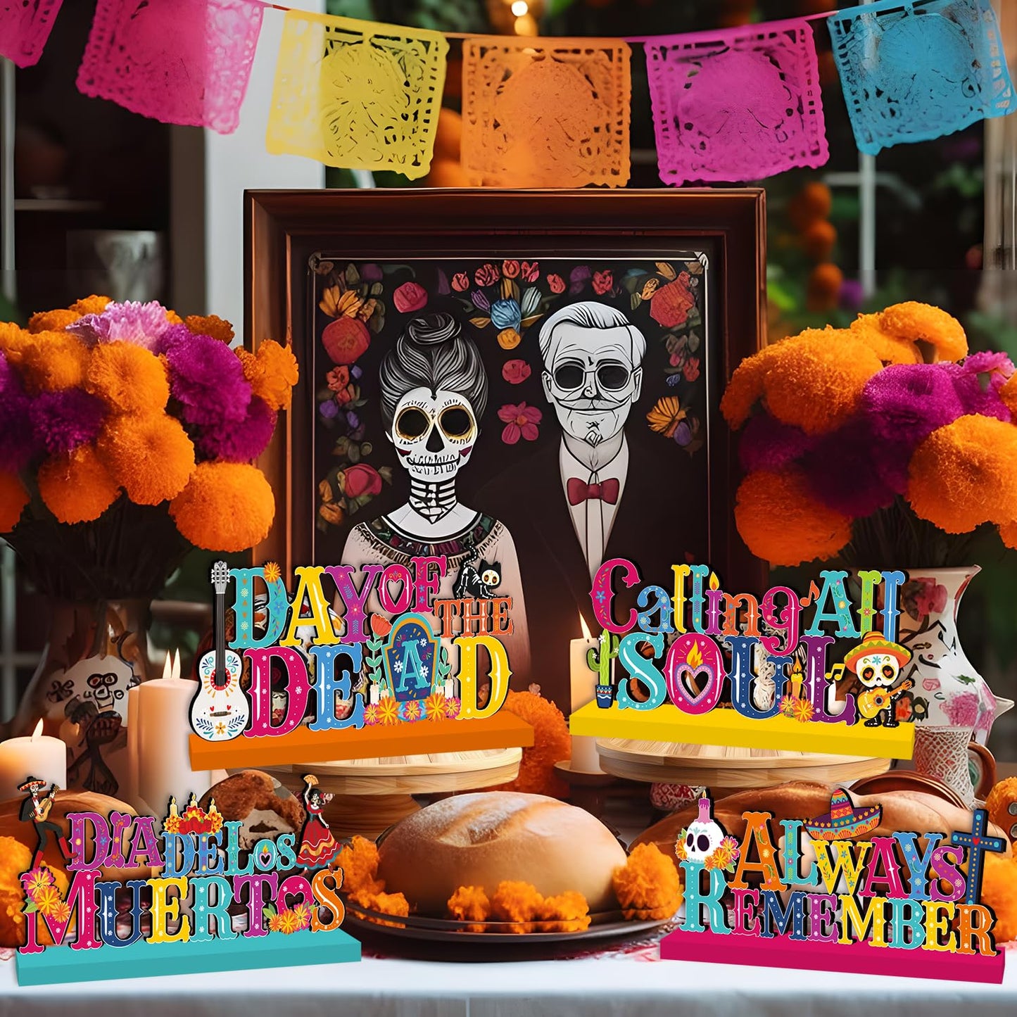 4Pcs Dia De Los Muertos Decorations Wooden Table Centerpieces Day of The Dead Decorations Mexican Table Decor Dia De Los Muertos Table Topper Sign for Halloween Mexican Carnival Party Decor