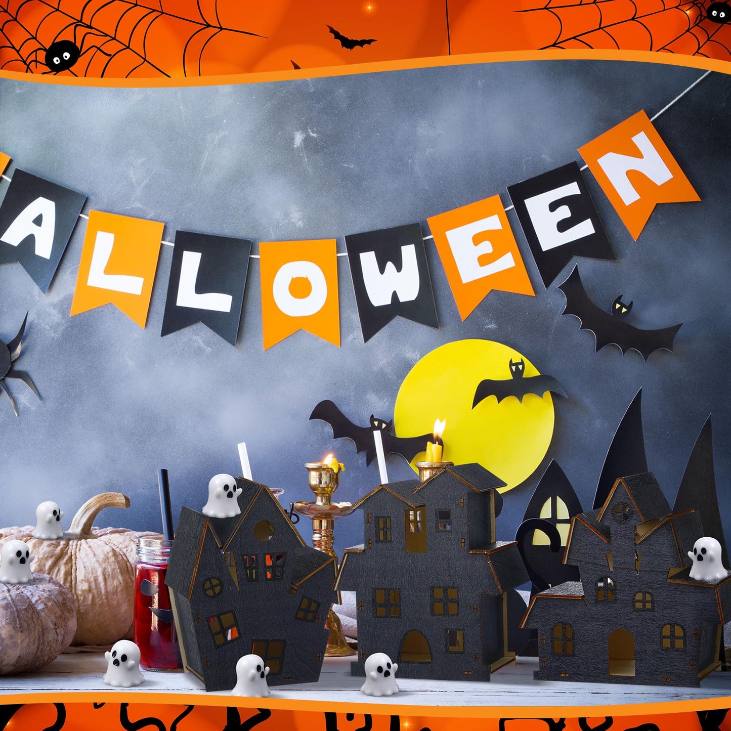 Wonderjune 13 Pcs 3D Ghost Halloween Village Haunted House DIY Kit 3 Large Wooden Castle House 10 Ghost Figurines Crafts Kit for Indoor Outdoor Halloween Party Decor Supplies