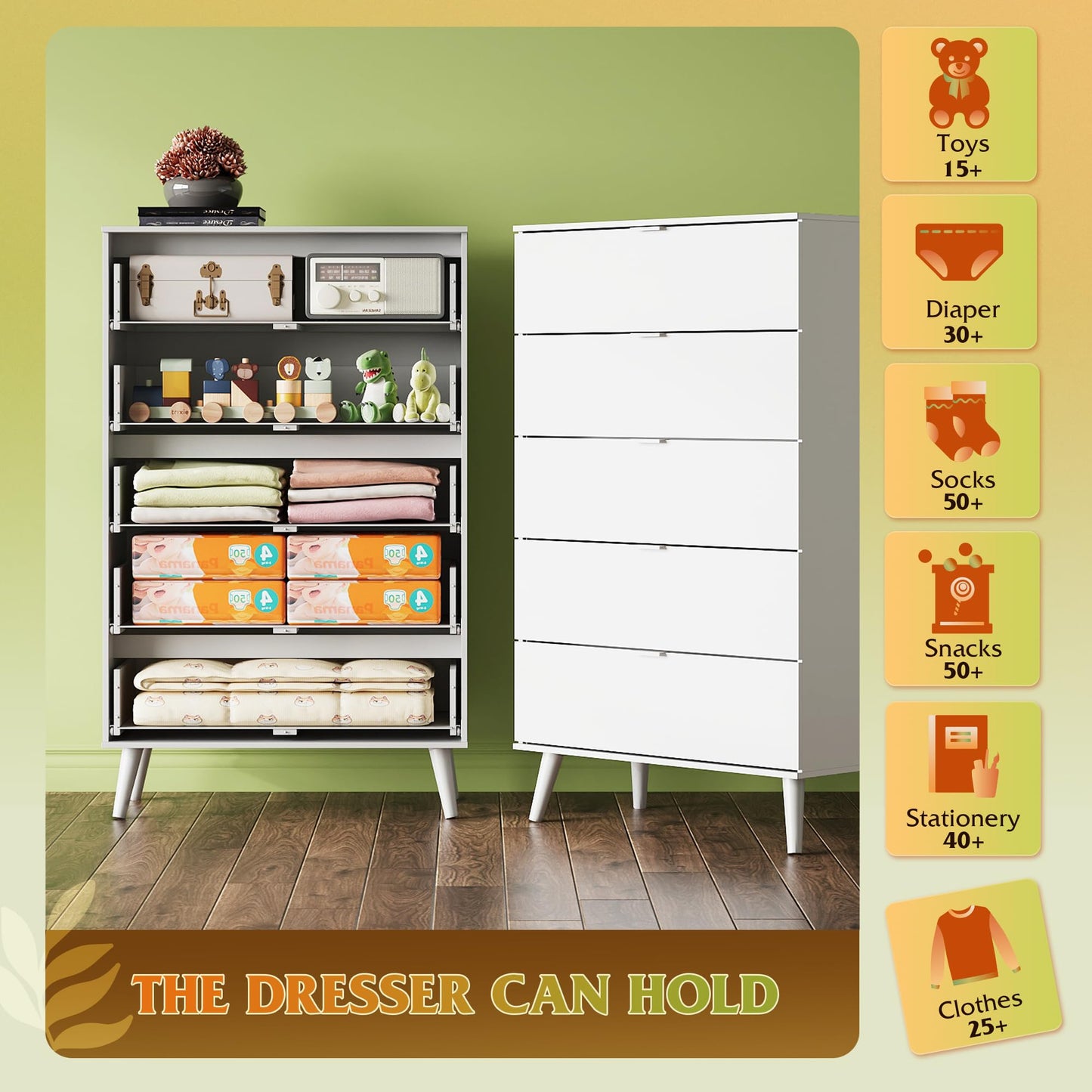 WLIVE 5 Drawer Dresser for Bedroom, Tall Wood Dresser, White Dressers Storage Organizer with Sturdy Metal Handle, Chest of Drawers for Living Room, Hallway, Closet