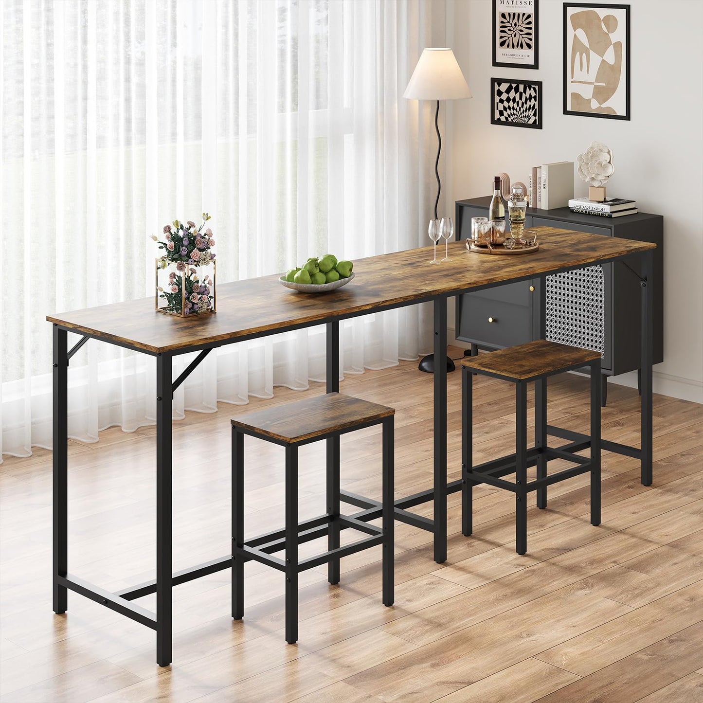 YATINEY 70.9" Bar Table and Chairs Set, Dining Table and Chair Sets, 3 Piece Counter Height Table and 2 Stools, Kithcen Table for Home Restaurant, Bar, Rustic Brown BT09BR