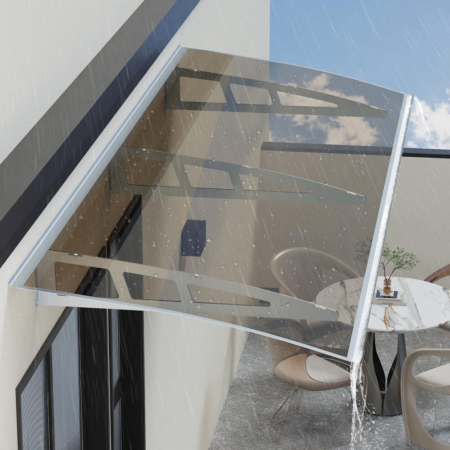 Window Awning Door Canopy,32x48 Inches Awnings for Doors Exterior with Sink,Polycarbonate Front Door Outdoor Patio Awning Canopy UV Rain Snow Sunlight, Window Awning with Sturdy Metal Bracket