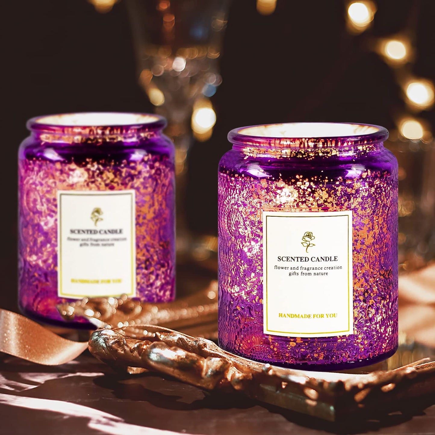 8.8oz Embossed Blinking Glass Candle Container, 9 Pack Electroplated Shining Candle Jar with Embossed Lid for Candle Making DIY Craft (Purple Embossed)
