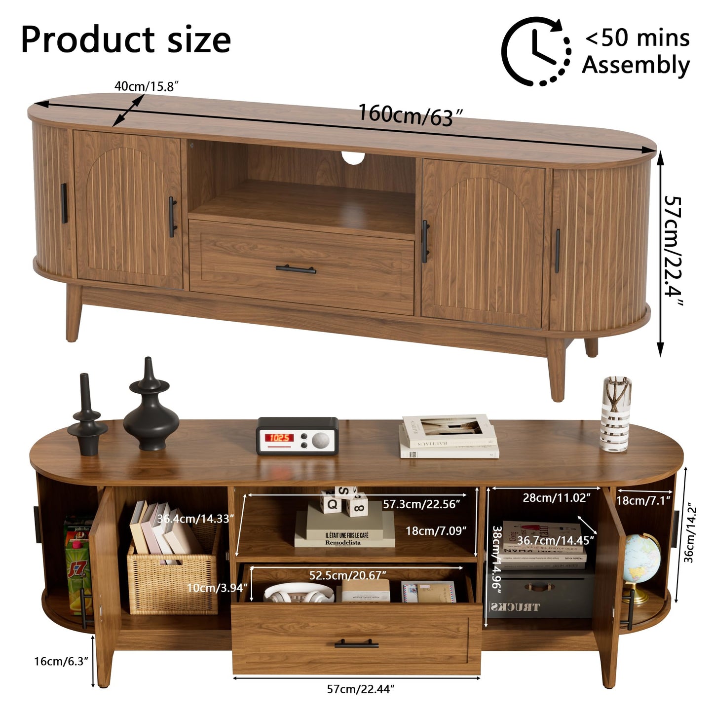 63" Fluted TV Stand for Tvs up to 70", Mid-Century Modern Entertainment Center with Drawers and Fluted Doors, Curved TV Media Console Table with Sliding Doors for Living Room, Bedroom (63")