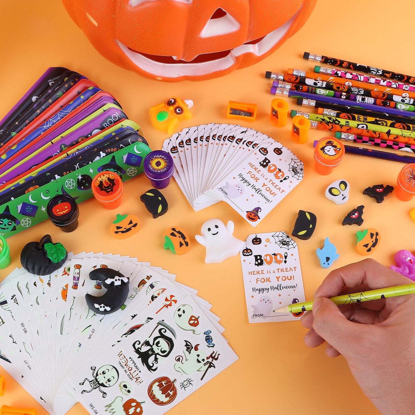 24Pack Halloween Party Favors for Kids, Giant Lollipop with Gift Cards, Pencils, Temporary Tattoo Stickers, Erasers, Stampers, Sharpener for Classroom School Exchange Party Favors for Boys and Girls