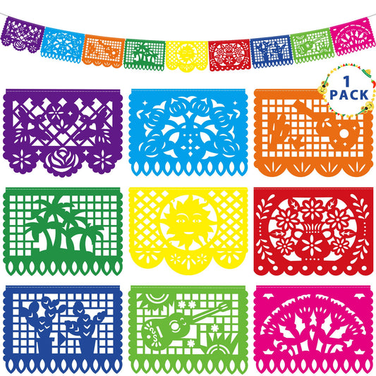 18 FT Cinco De Mayo Party Decorations, 1 Pack Fiesta Banner with 9 Plastic Papel Picado, Colorful Mexican Theme Party Flag Banner Dia De Los Muertos Day of the Dead Hanging Decor Home Party Supplies