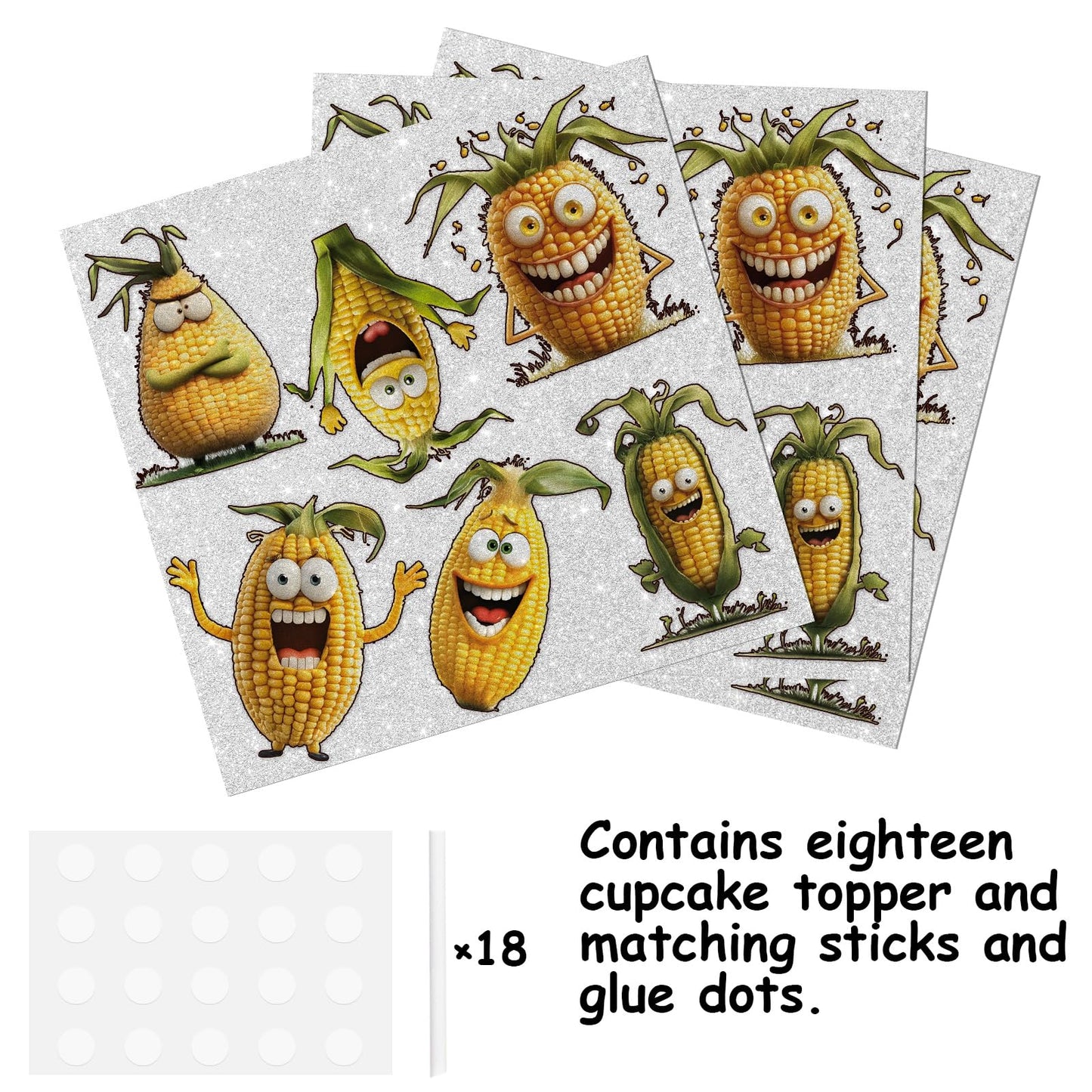 18pcs Yellow Glitter Dessert Cupcake Topper Funny Vegetable Corn Theme Decor Supplies Baby Shower Boys Girls Happy Birthday Party Decorations