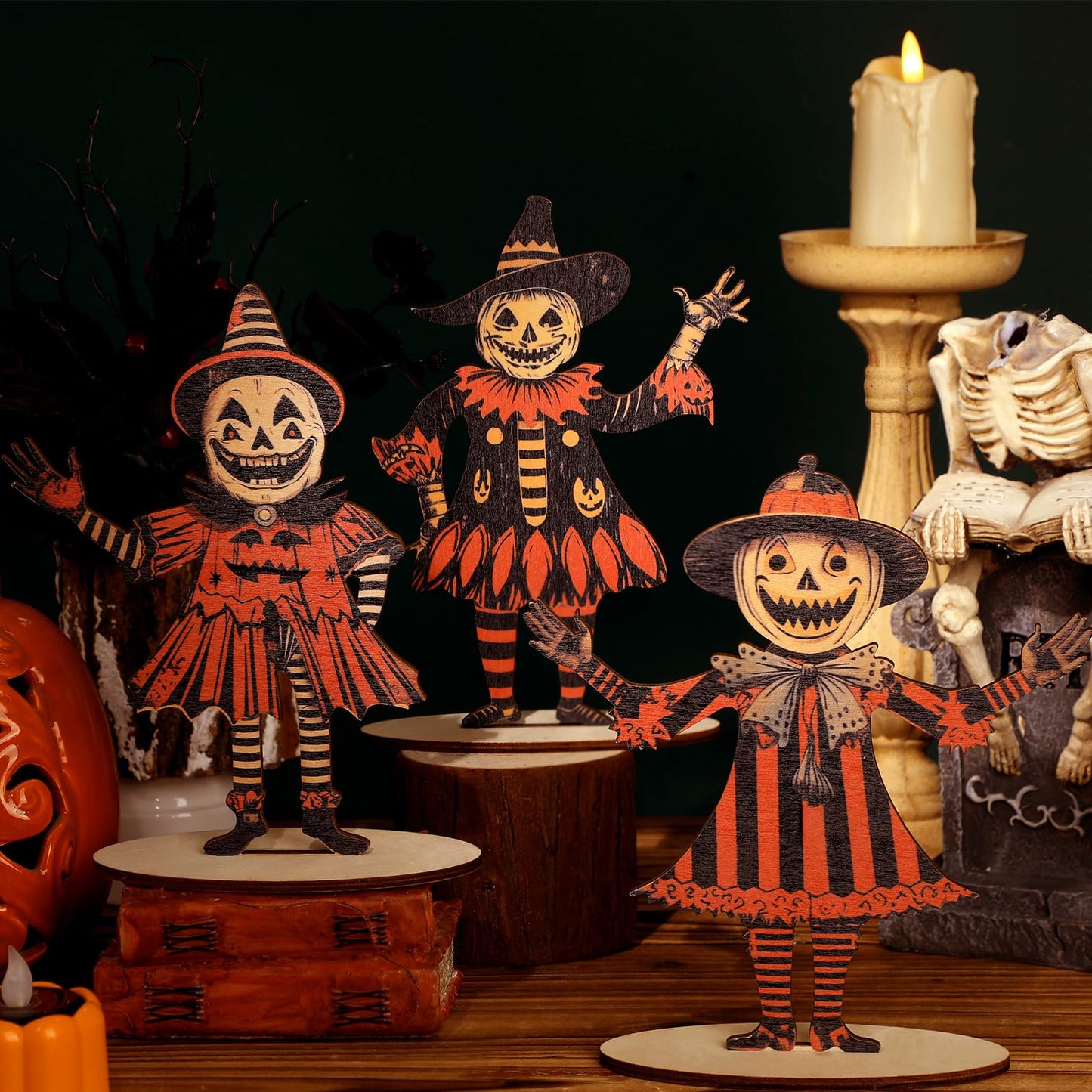 WinnerWhy 3 Pcs 9 x 6 Inch Halloween Table Decor Farmhouse Pumpkin Ghost Wooden Centerpiece Signs Retro Rustic Halloween Table Decorations for Home Tabletop Indoor Holiday Party