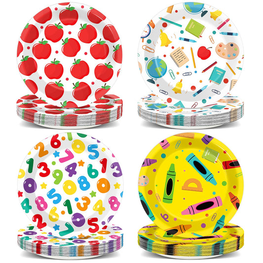 60Pcs Back to School Paper Plates School Theme Apple Number Book Pencil Crayons Disposable Tableware for First and Last Day of School Preschool Kindergarten Graduation Party Supplies Table Decorations