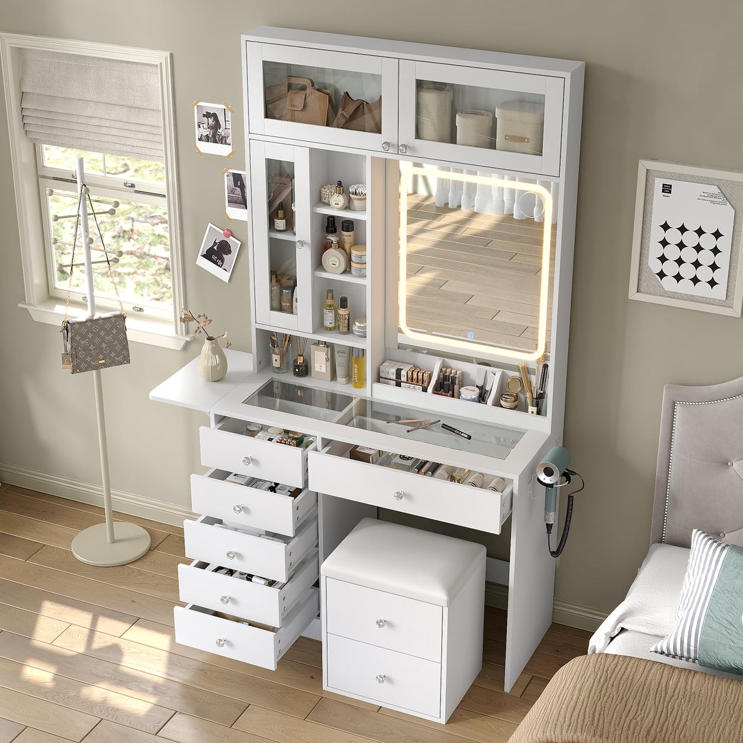 Yanosaku Vanity Desk with LED Mirror, 8 Drawers Makeup Vanity with 7 Shelves & 3 Cabinets, Fold-up Panel & Storage Stool, Dressing Table with Power Outlet, Glass Top Vanity Set for Bedroom, White