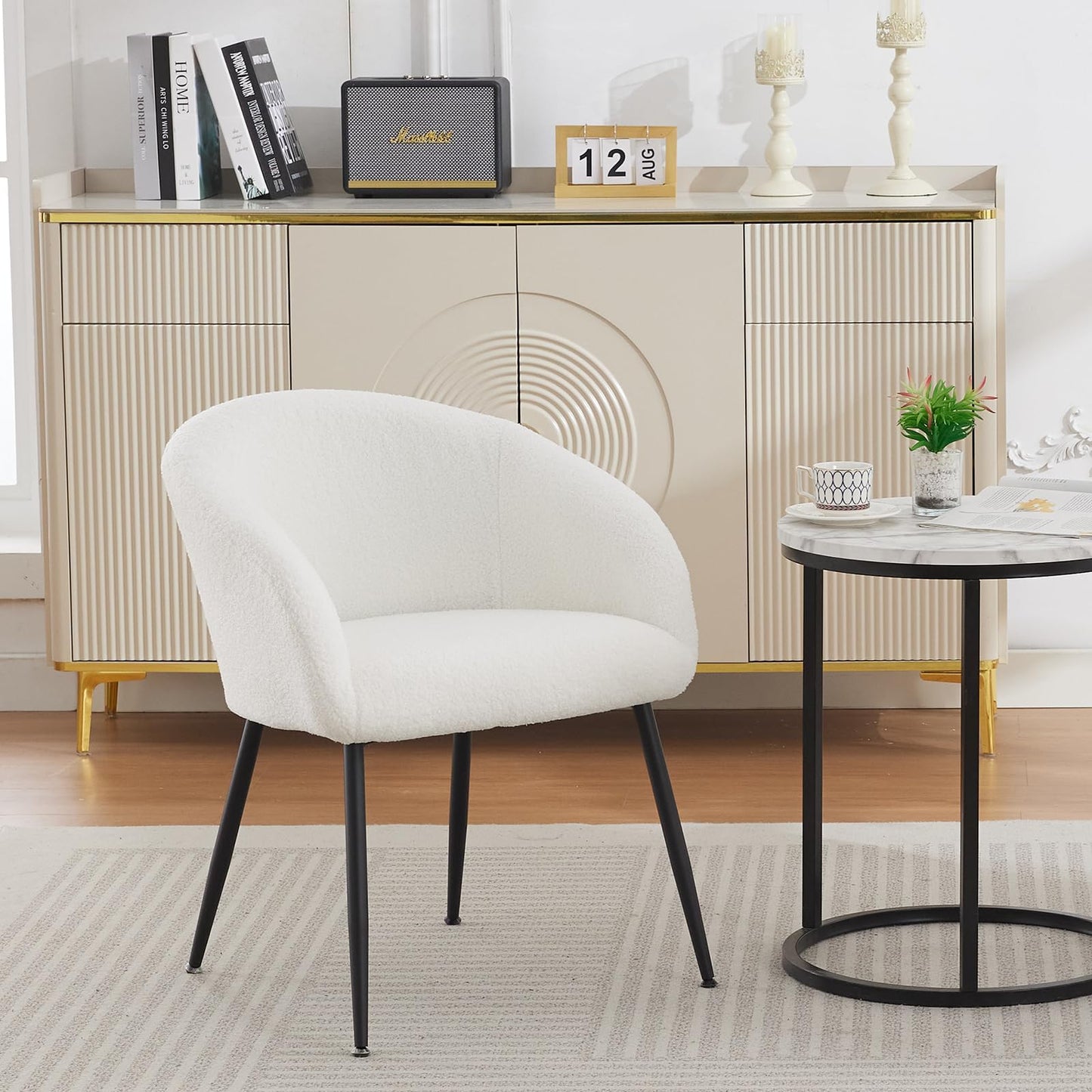 YDcosyfy Modern Small Accent Chair, Comfy Sherpa Makeup Vanity Chair with Metal Legs, Decorative Chair no Wheels for Living Room, Dressing Room, Bedroom, White