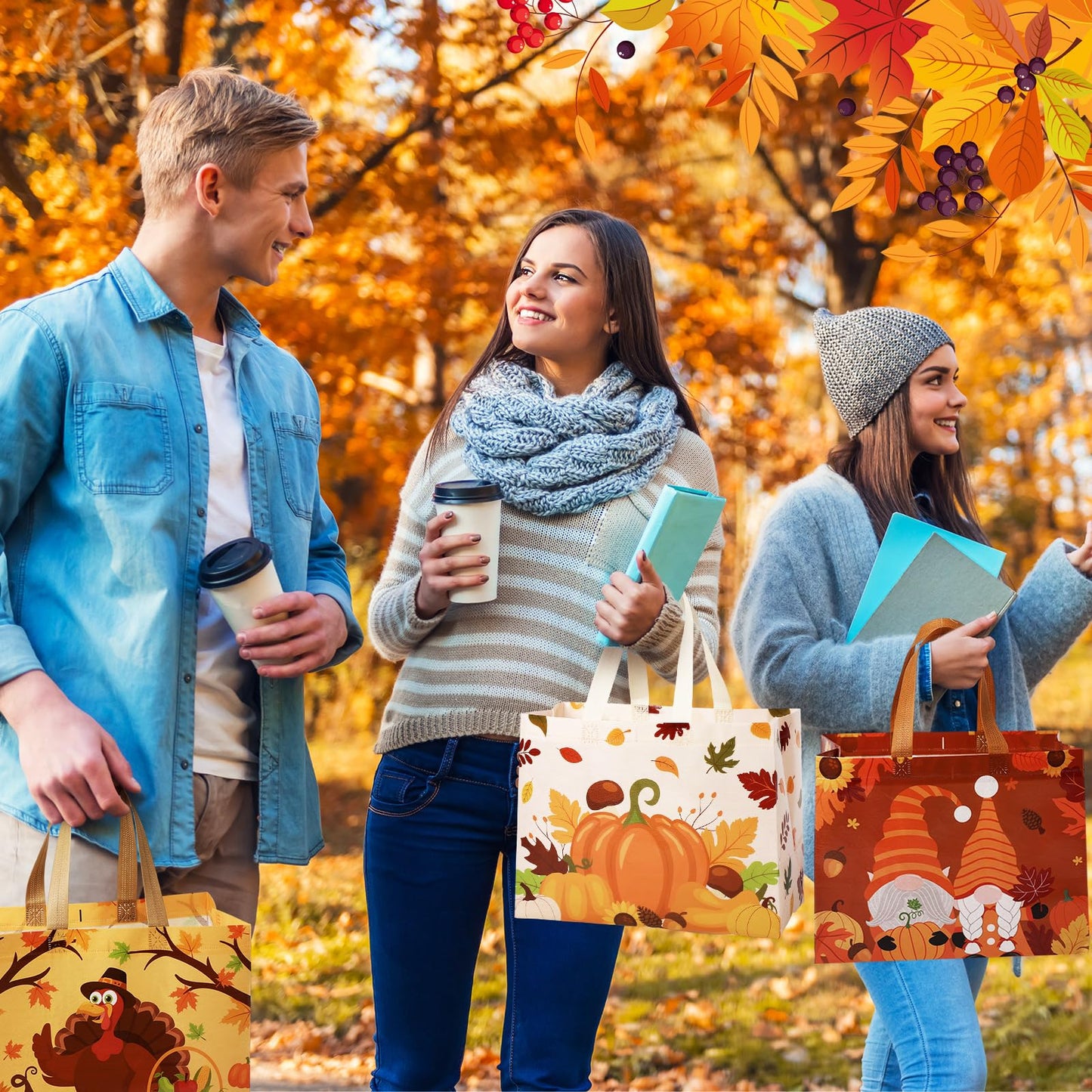 Abbylike 100 Pack Fall Non Woven Tote Bags with Handles Thanksgiving Gift Tote Bags Bulk Large Non-woven Grocery Bag with Handles Turkey Pumpkin Autumn Thanksgiving Party Favor Supplies