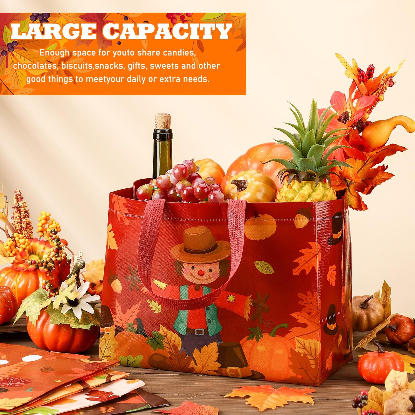 Abbylike 100 Pack Fall Non Woven Tote Bags with Handles Thanksgiving Gift Tote Bags Bulk Large Non-woven Grocery Bag with Handles Turkey Pumpkin Autumn Thanksgiving Party Favor Supplies