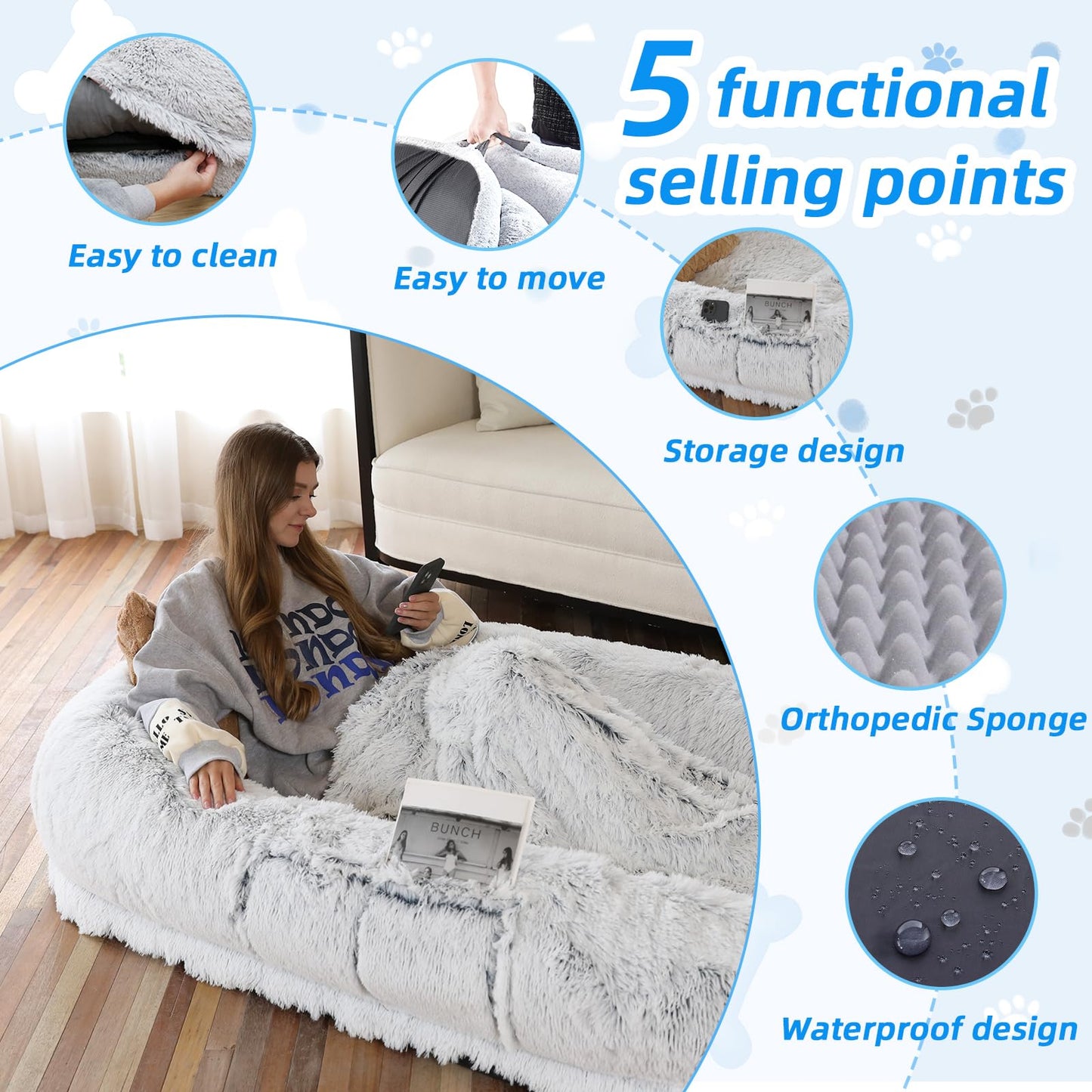 WROS Human Dog Bed - 71"x45"x12" Fits You & Pets, Washable Faux Fur, Orthopedic, Plump Pillow, Blanket, Strap - Grey