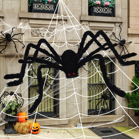 16.5Ft Giant Spider Web + 5Ft Hairy Spider & Stretch Cobwebs - CJYGEGE Halloween Decorations Scary Fake Spider with Triangular Huge Spider Web Large Props for Outdoor Indoor Haunted House Porch Yard