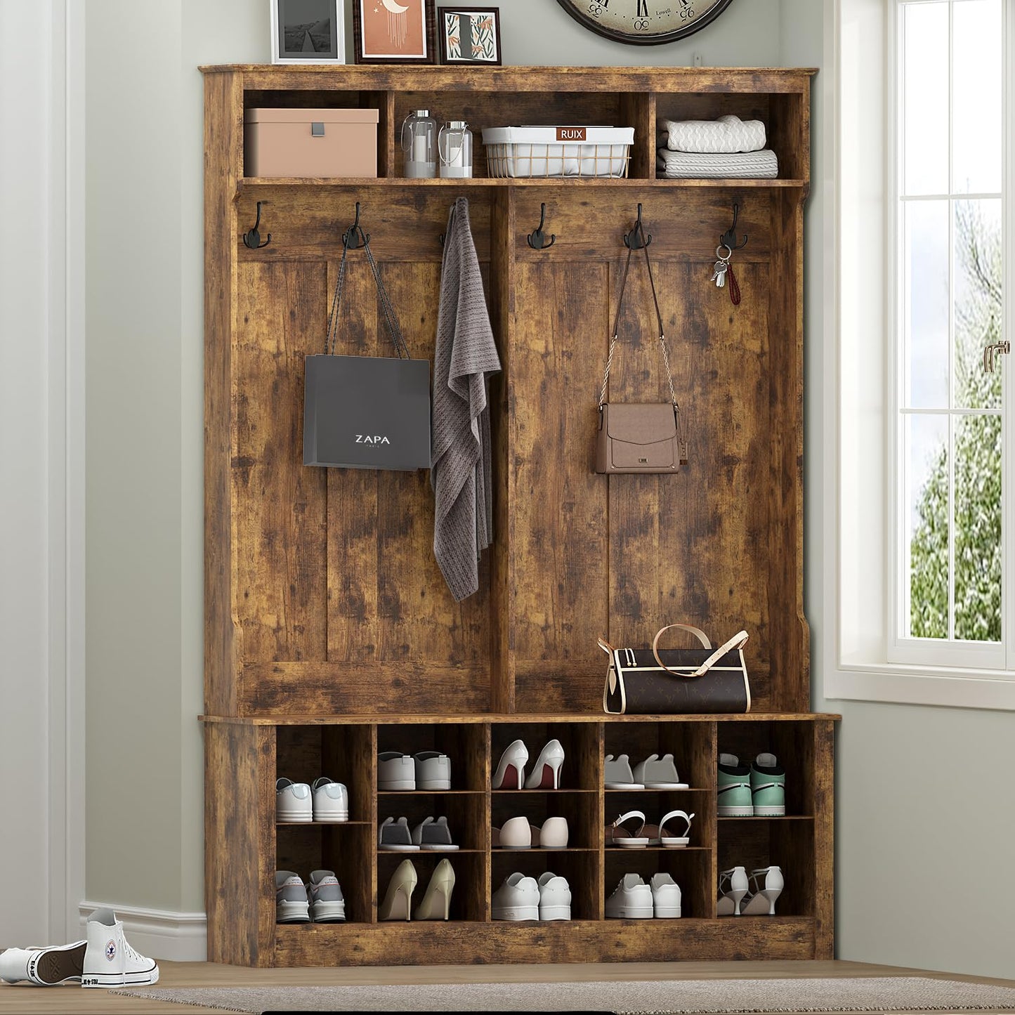 Wodeer Entryway Hall Tree with Bench and Shoe Storage, 53" Farmhouse 4-in-1 Mudroom Storage Organizer with Coat Rack, 6 Double Hooks, 12 Shoe Cubbies, Adjustable Shelf, for Hallway, Bedroom, Brown