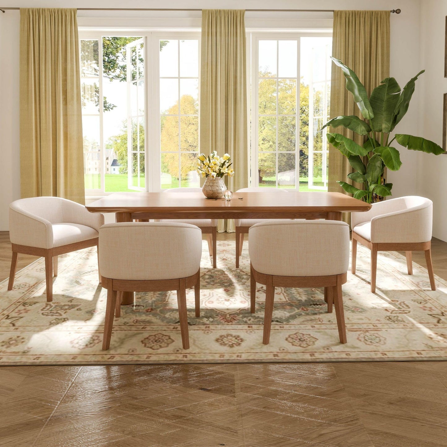 Washon Upholstered Dining Chairs Set of 4, Mid Century Modern Dining Room Chair with Arms, Barrel Kitchen Chair with Solid Wood Legs, Accent Side Chairs for Bedroom/Living, Beige