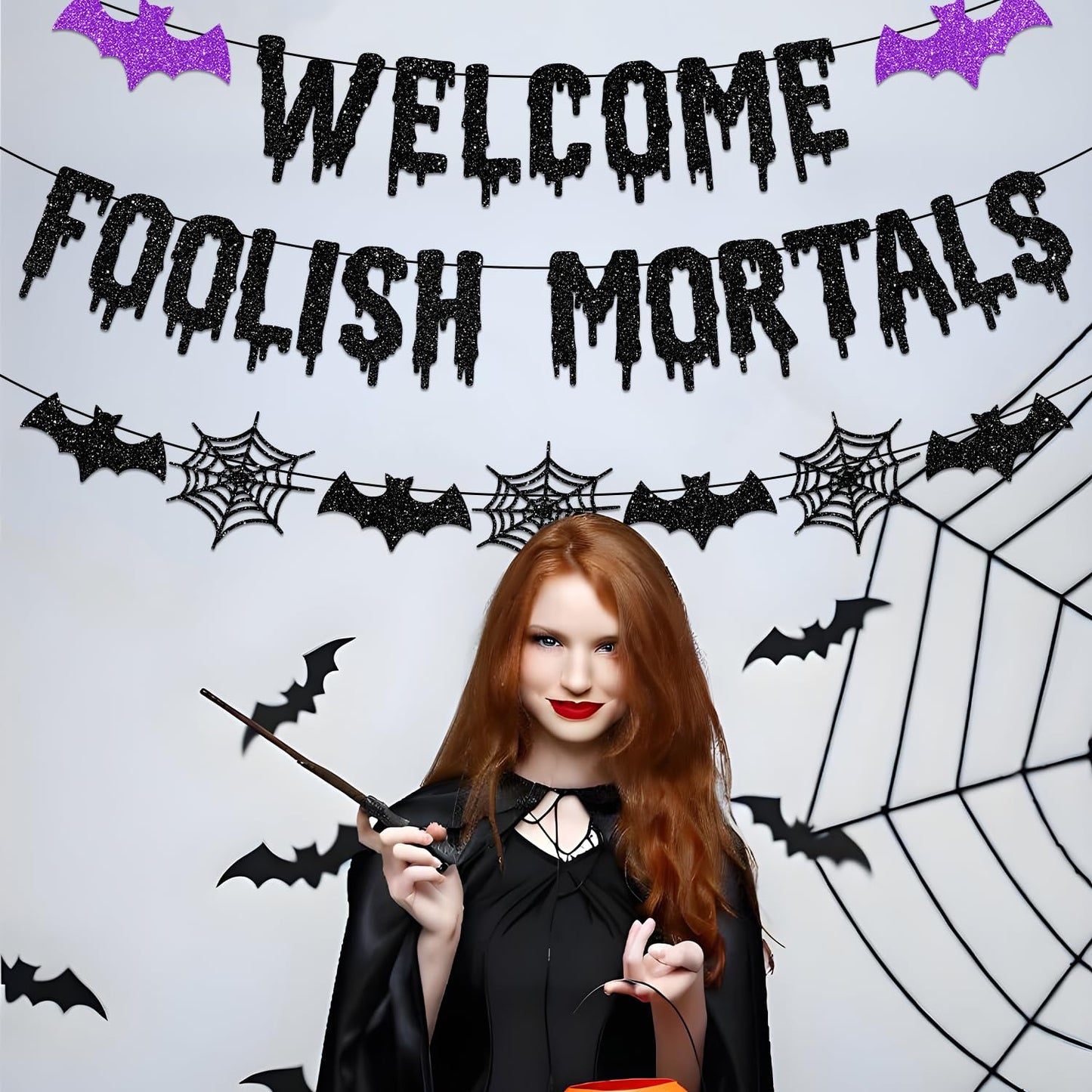 Welcome Foolish Mortals Halloween Banner Decorations Halloween Haunted Mansion Banner Wall Decorations with Bat and Spider for Halloween Party Decorations