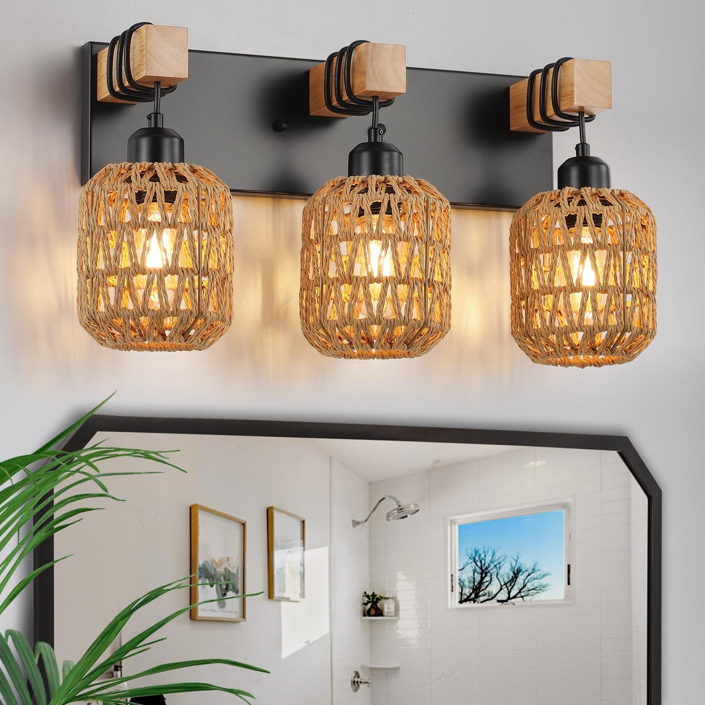 3 Light Bathroom Vanity Light Fixtures， Rustic Style Wood Bathroom Wall Sconce， with Boho Wicker Lampshade，Suitable for Bedroom, Hallway, and Living Room，Rattan Black Farmhouse Wall Sconce