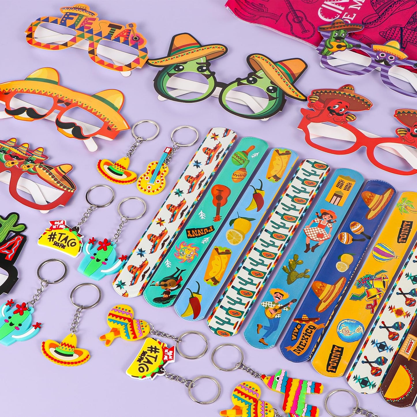 120 PCS Fiesta Party Favor, Mexican Party Gift for Kids, Cinco De Mayo Eyeglasses, Keychains, Stampers, Slap Bracelets Classroom Prize School Exchange for Cinco De Mayo Birthday Party Supplies