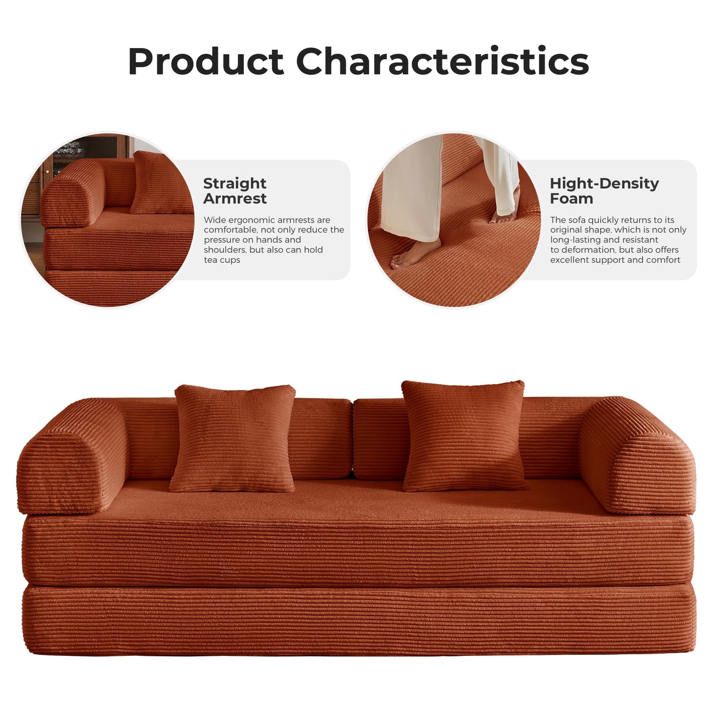 79" Convertible Sleeper Sofa Bed, Floor Sofa Lounge Couch with Fixed-Shape Frame, Modular Sectional Sofa Bed with 2 Pillows, Corduroy Loveseat Couches for Living Room, Bedroom, Lounge Studio（Orange）