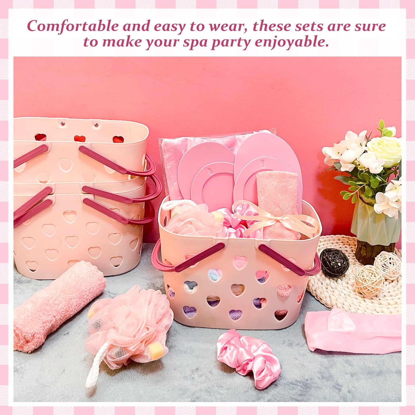 yasuwekik 8 Sets Spa Party Supplies for Girls Sleepover Party Favors with Pink Basket Satin Robe Towel Headband Satin Hair Scrunchies Loofah Disposable Slipper Gift Ribbon for Birthday