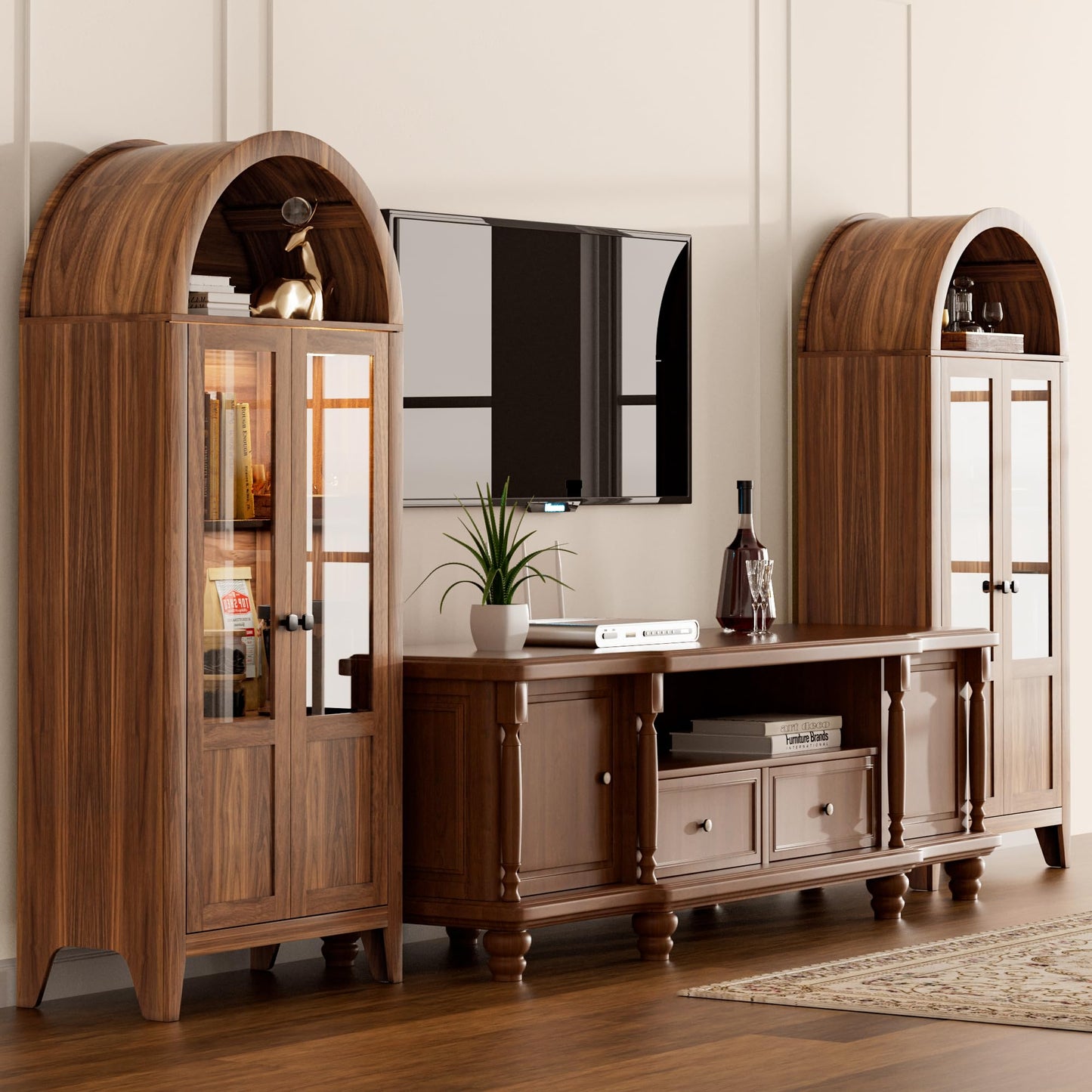 71" Tall Arched Kitchen Pantry Cabinet, Arched Cabinet with Glass Doors, Wooden Bookshelf, Versatile Cupboard for Kitchen, Living Room, Dining Room, Entryway