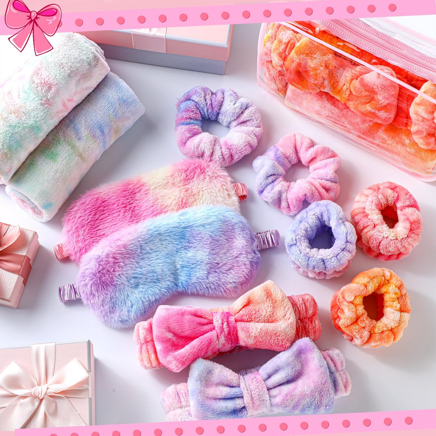 Wavwavw 48 Pcs Spa Party Favors Sleepover Party Supplies for Women Slumber Supplies Eye Mask Makeup Headband Hair Scrunchies Toiletry Bag Towels Greeting Cards Wristband(Multicolor,Tie Dye)