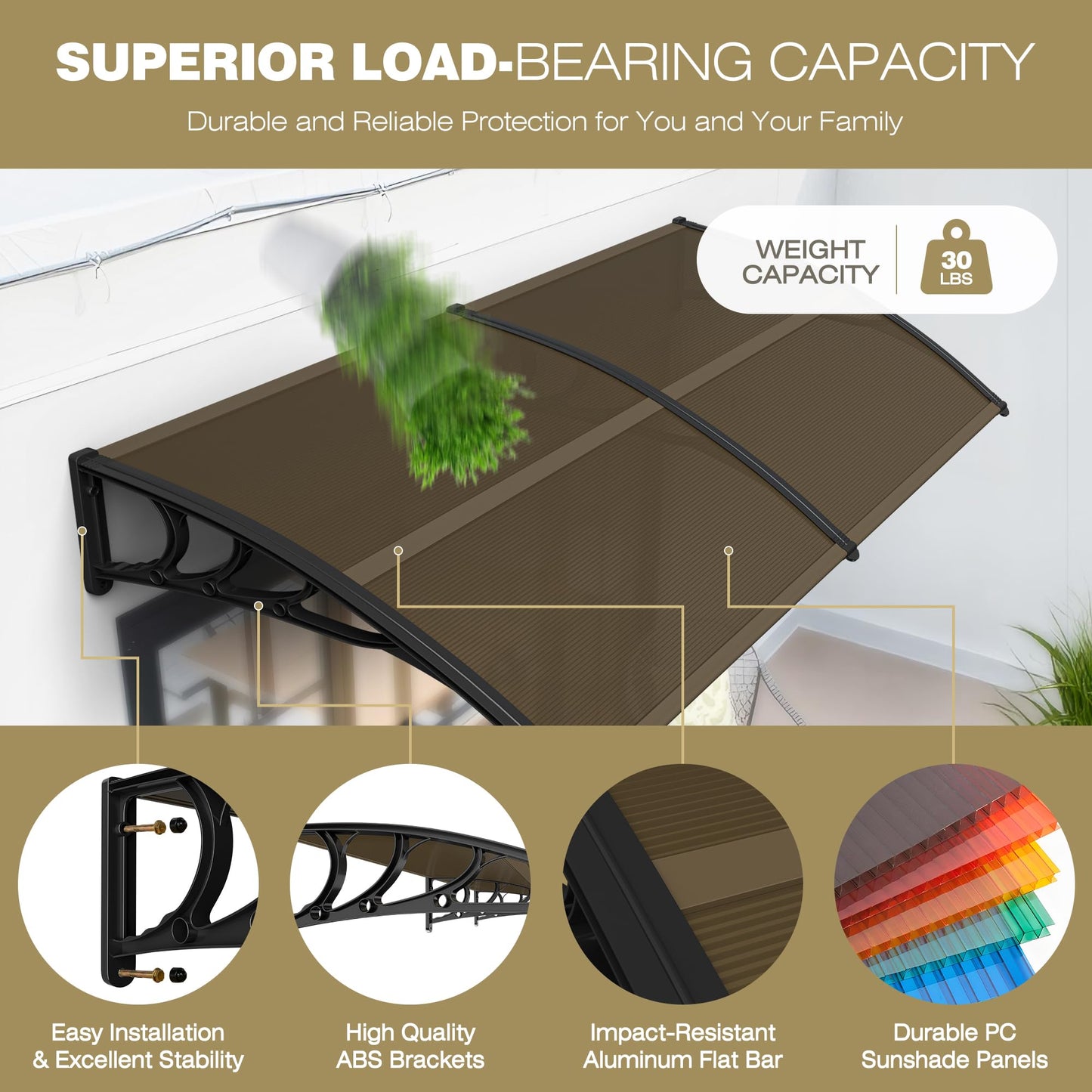 40 inch x 80 inch Window Awning Door Canopy Polycarbonate Cover Outdoor Front Door Patio Sun Shetter (Brown 1pcs)