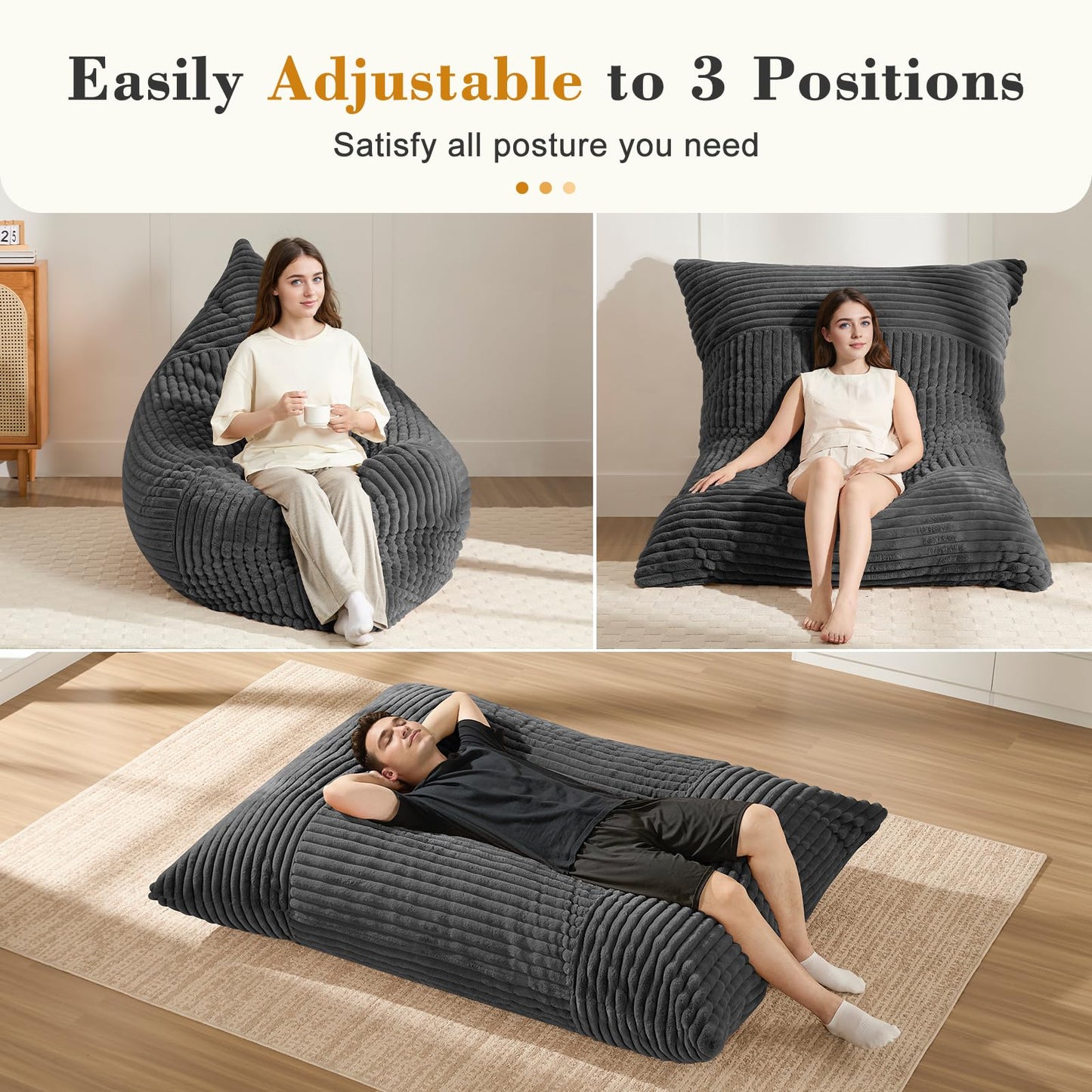 3-in-1 Giant Bean Bag Chair for Adults & Kid, Convertible Floor Sofa to Mattress, High-Density Foam Chair Bed with Washable Cover, Multi Functional Lounge Couch for Bedroom, Living Room (Dark Grey)