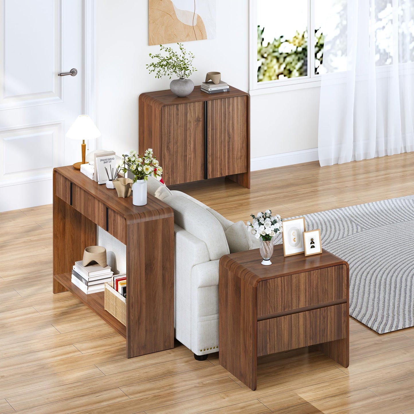 43.3" Narrow Console Table with 2 Drawer,Brown Fluted Entryway Table with Storage,Slim Long Sofa Table for Living Room,Hallway Entrance Foyer