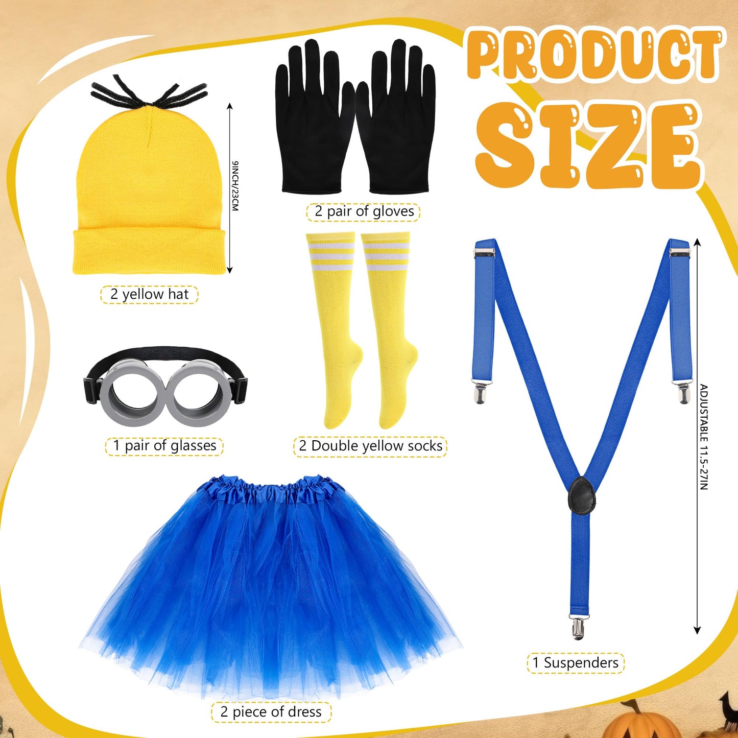 12pcs Halloween Costume Accessories for Adult Couples/Friends/Sisters, Fun Dress-Up Props for Cosplay & Party Outfits, Goggles/Yellow Beanie/Tutu Skirt/Suspenders/Gloves/Socks for Teens Girls Adults