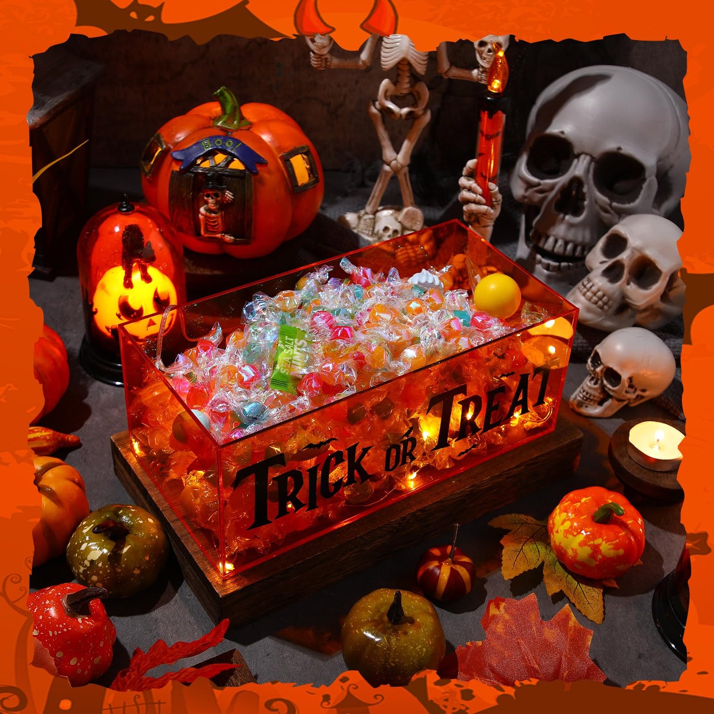 Wenqik 1 Set Halloween Candy Bowl with Light Battery Box Light Up Trick or Treat Candy Box Dish Holder for Halloween Decor Party Supplies Serving Gift (Orange)