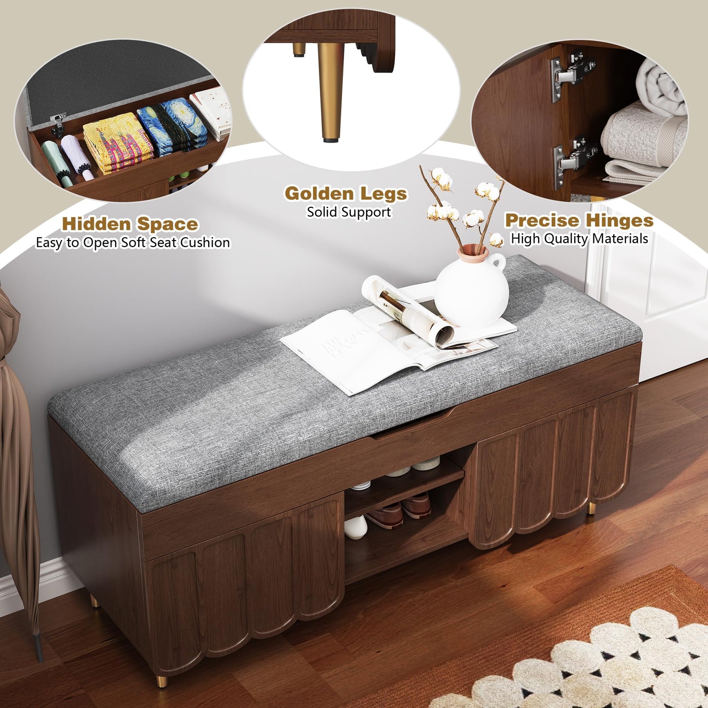 3More 40" Entryway Shoe Storage Bench，Upholstered Hidden Space Beneath Seat Cushion Bench，2-Tier Unique Geometric Shape with Wood Grain，Walnut