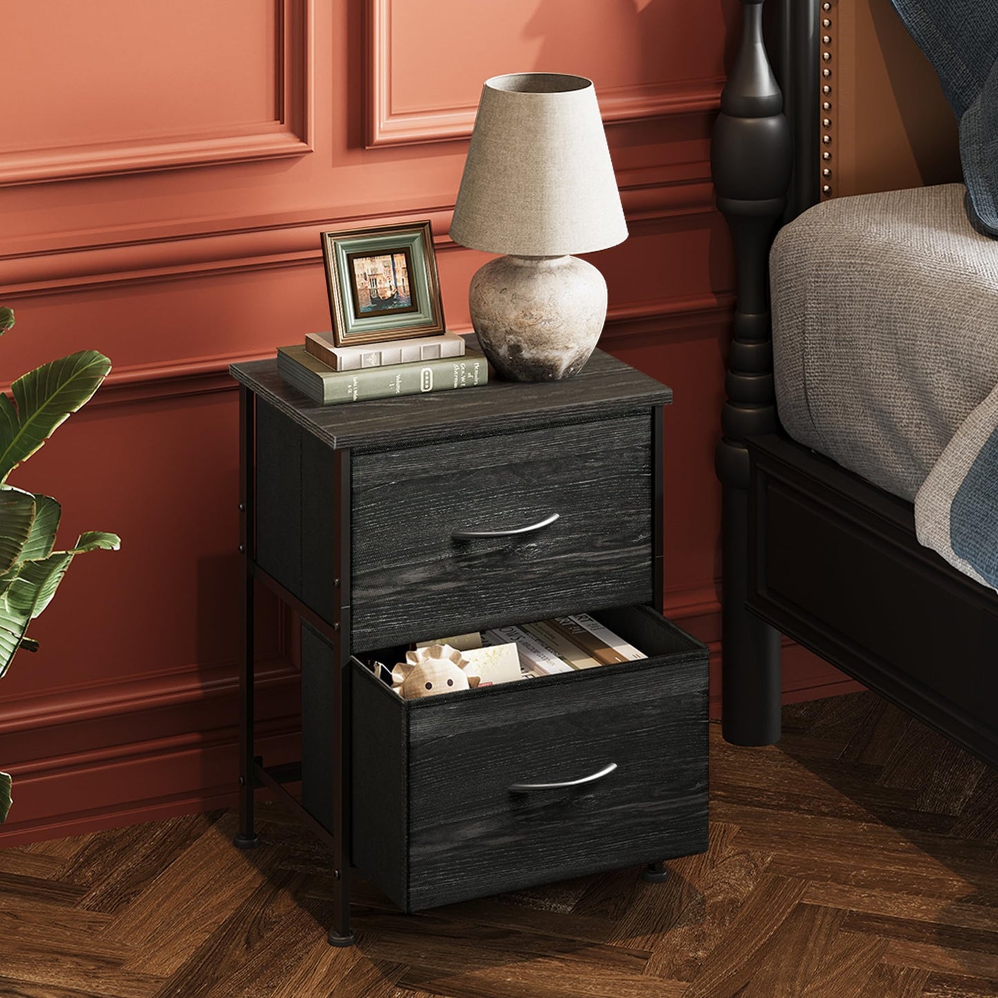 WLIVE Night Stand Set 2, Nightstand with 2 Fabric Drawers, Small Dresser for Bedroom, Bedside Table for Small Spaces, Dorm, Charcoal Black Wood Grain Print