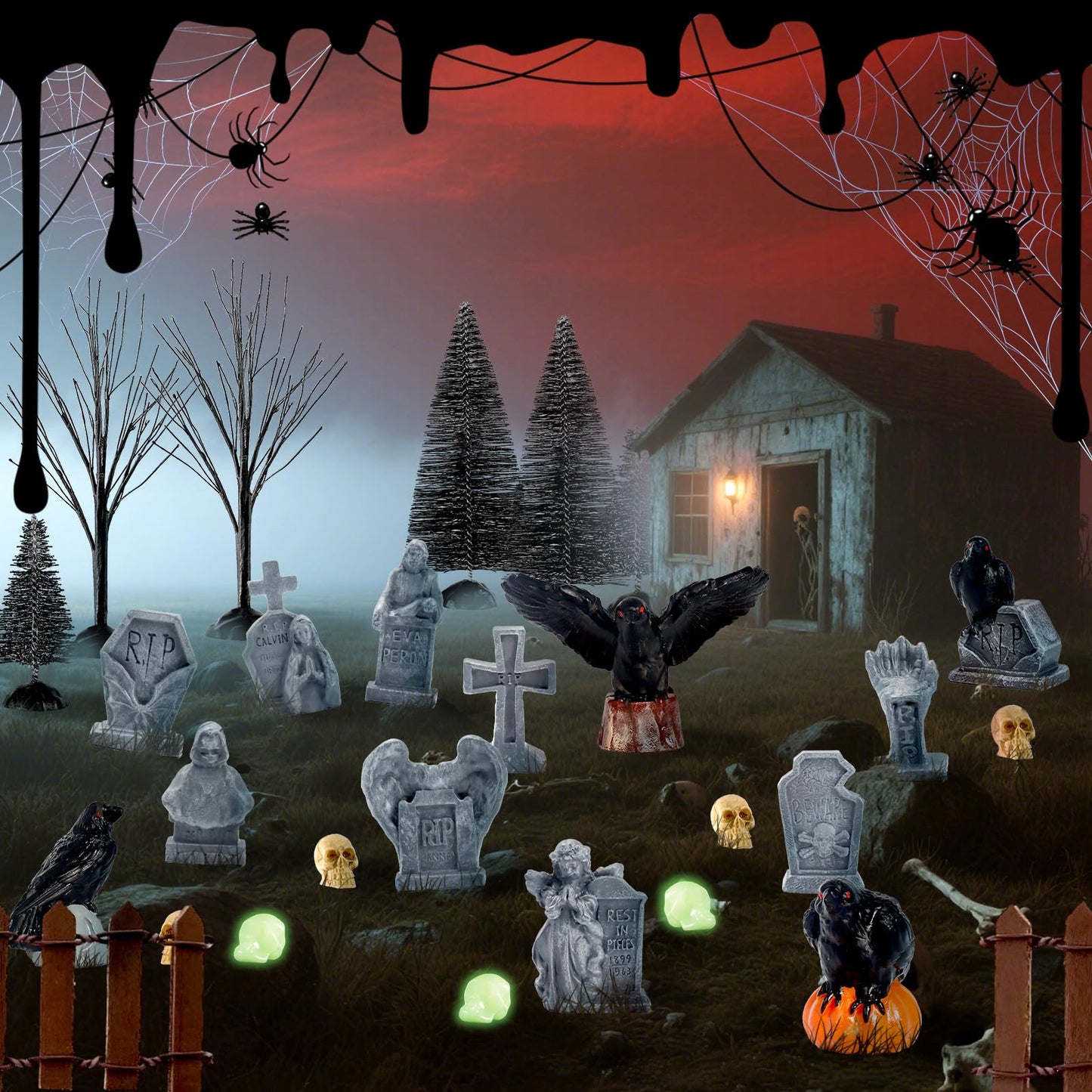 65 Pcs Halloween Village Accessories Set Miniature Tombstone Crow Figurines Mini Plastic Skulls Spiders Fence Bare Branch Trees Halloween Town Set for Mini Graveyard Scene Decor