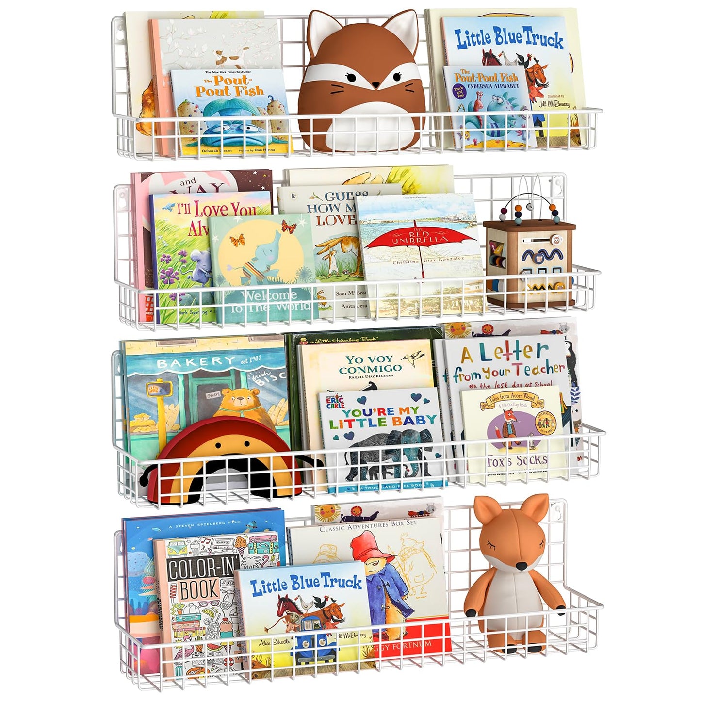 X-cosrack 24 Inch Wall Mounted Kids Bookshelf, Floating Metal Book Shelves for Kids Nursery Toddler Classroom, Hanging Book Shelf Organizer for Room Decor, White, Set of 4