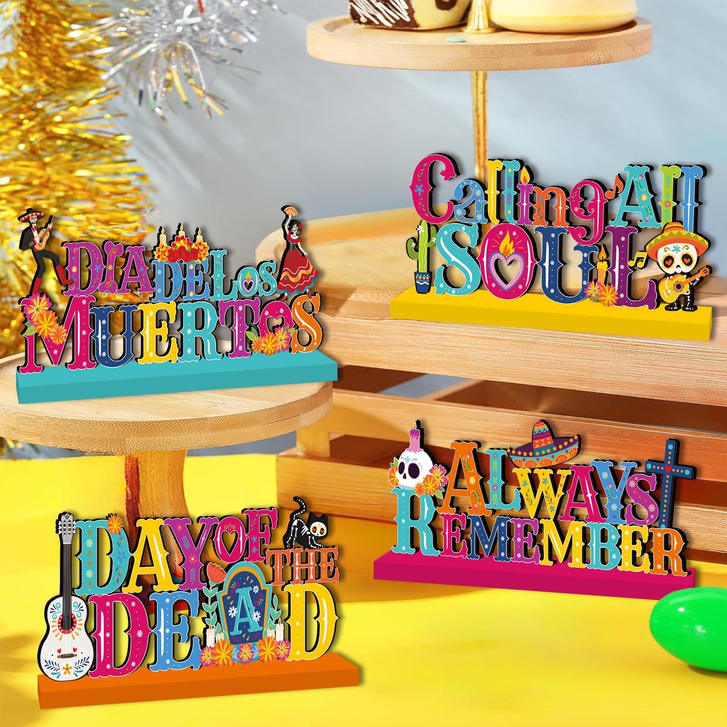 4Pcs Dia De Los Muertos Decorations Wooden Table Centerpieces Day of The Dead Decorations Mexican Table Decor Dia De Los Muertos Table Topper Sign for Halloween Mexican Carnival Party Decor