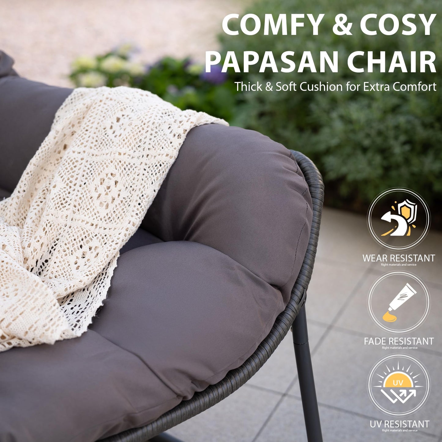 Yechen Outdoor Indoor Papasan Rocking Chair, Wicker Cozy Chair with Cushion, Oversized Outdoor Patio Reading Chair, Egg Chairs for Bedroom/Living Room/Porch/Garden/Lawn, Charcoal Grey