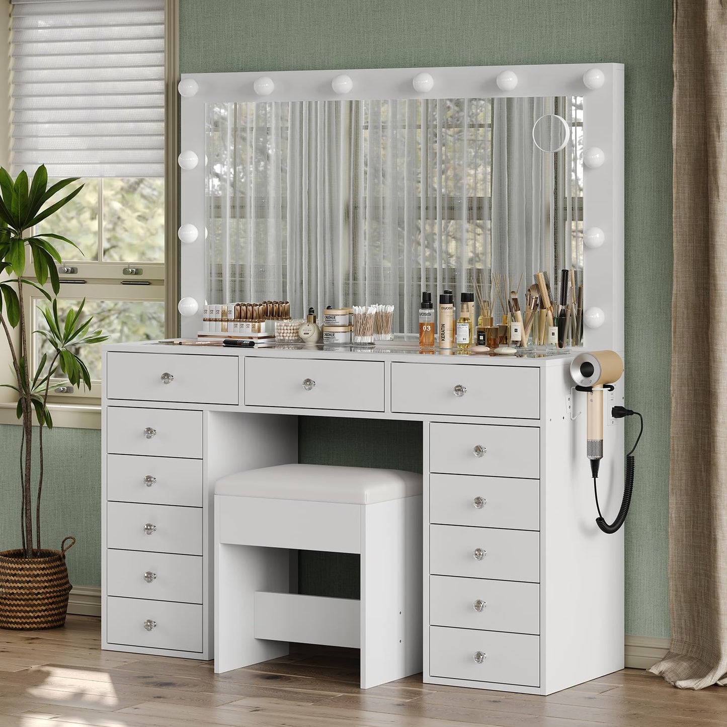 Yanosaku Makeup Vanity with Charging Station, 13 Drawers Vanity Desk with 12 LED Bulbs and HD Mirror, 3 Color Brightness Adjustable, Glass Top, Vanity Set for Bedroom (White)