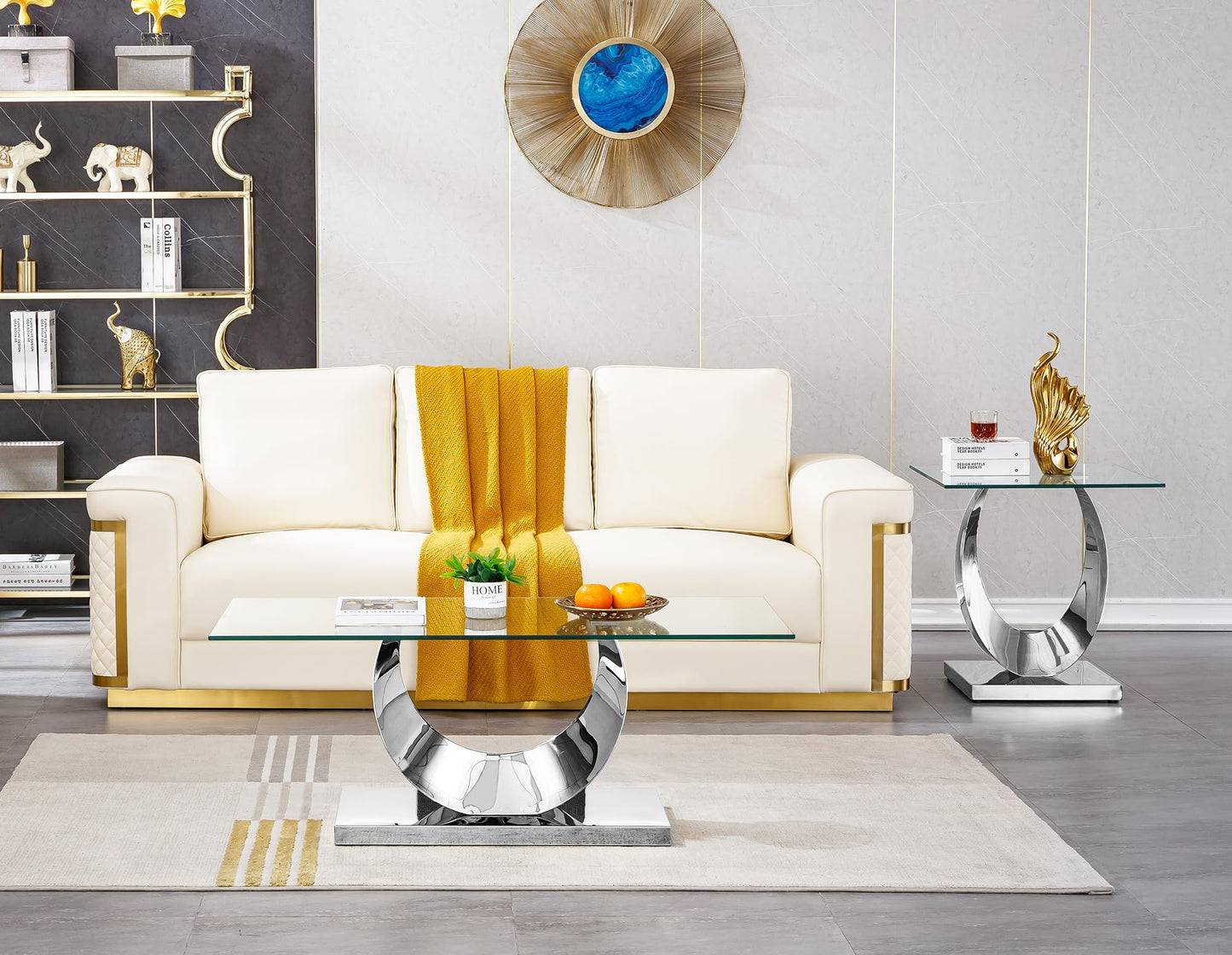 3 Pieces Luxury Silver Living Room Table Set, Modern Glass Coffee Table Set of 3, Rectangle Center Table and 2 End Tables with Moon-Shaped Stainless Steel Base for Living Room Apartment