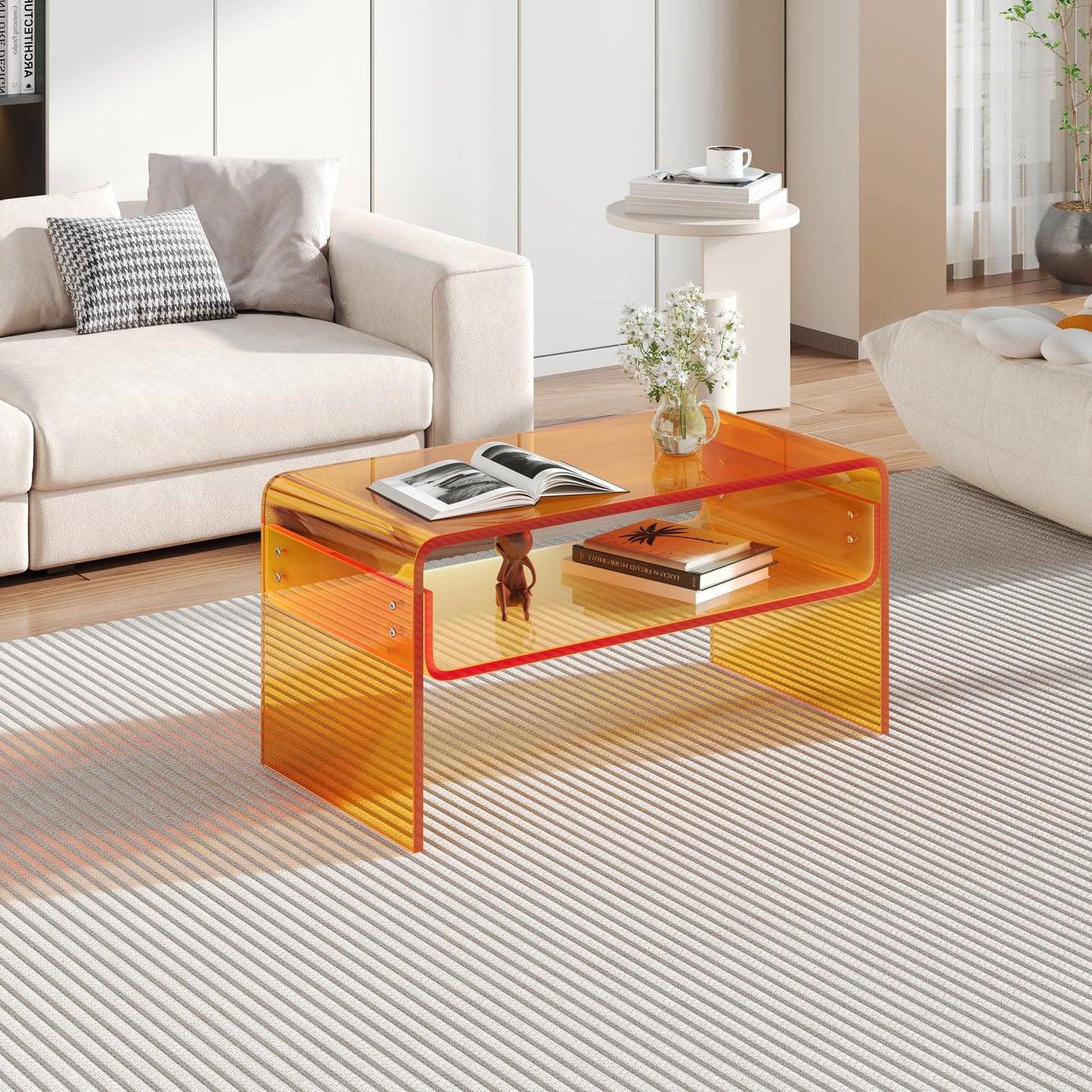 XOHYW Acrylic Coffee Table, Orange Rectangle Acrylic Side Table Furniture, Modern Tea Table with Open Storage, Acrylic End Table for Living Room, Office Reception and Bedroom