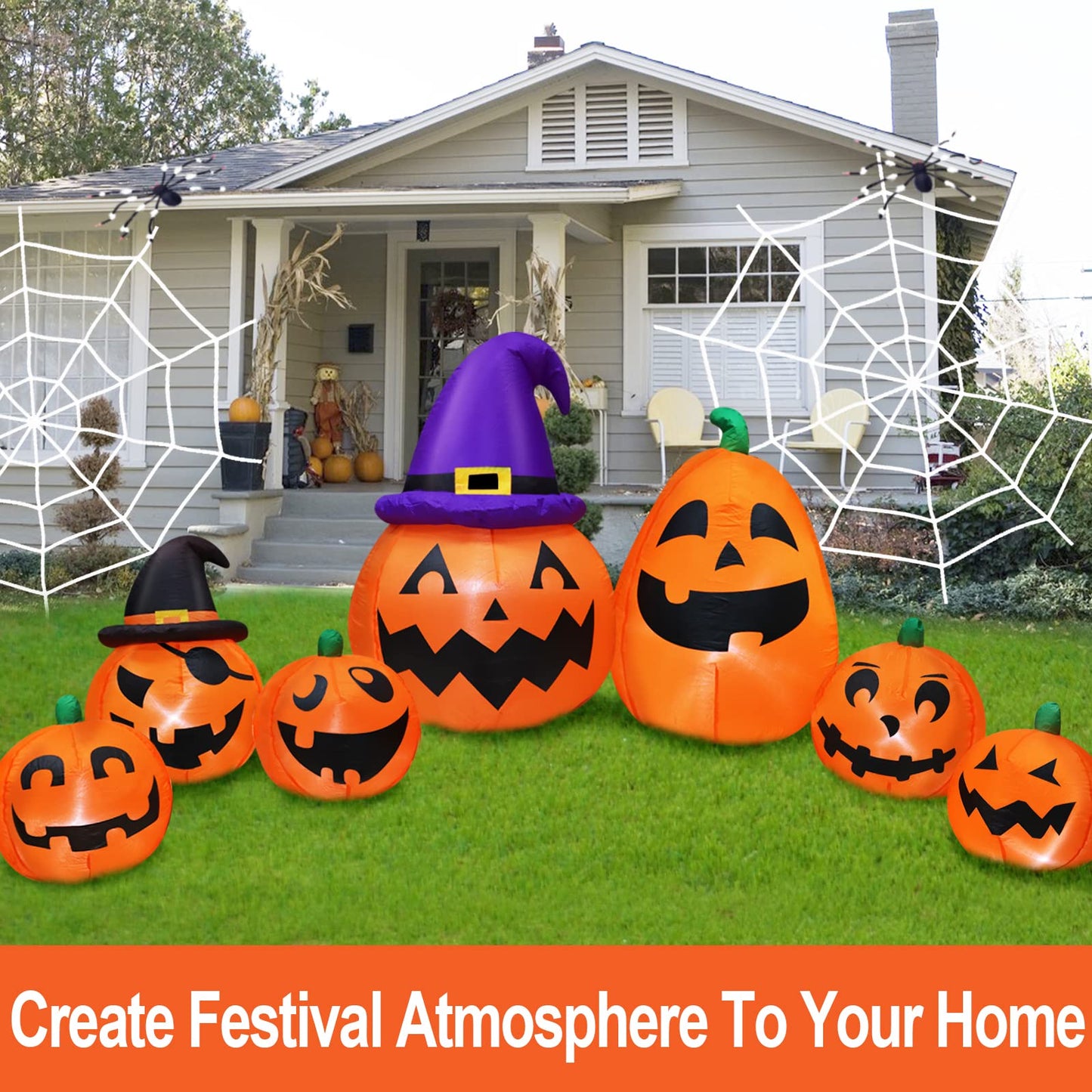 12 Ft Long Halloween Inflatables Pumpkins Outdoor Yard Decoration, 7 PCS Blow up Pumpkins and 2 Witch Hats Built-in LED Lights for Home Holiday Party Lawn Patio Outside