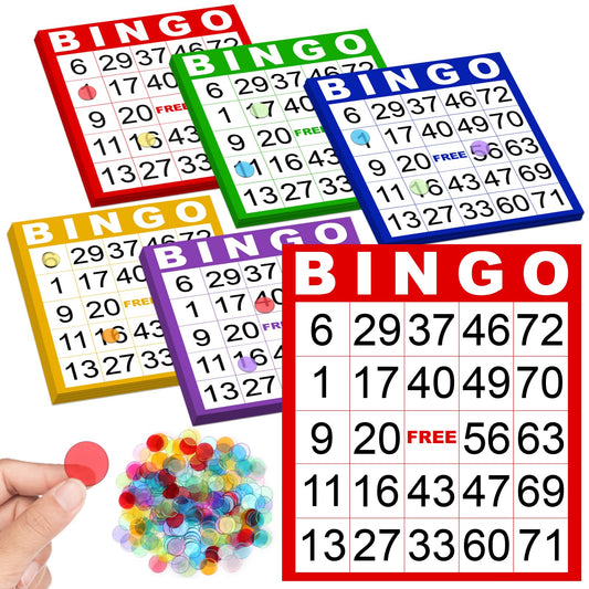 25 Sheets Double-Sided 8’’×9’’ Large Bingo Cards for Seniors Jumbo Bingo Cards and Chips Colorful Paper Sheets Deluxe Game Set with Colorful Transparent Chips Game Supplies for Adults Party Games
