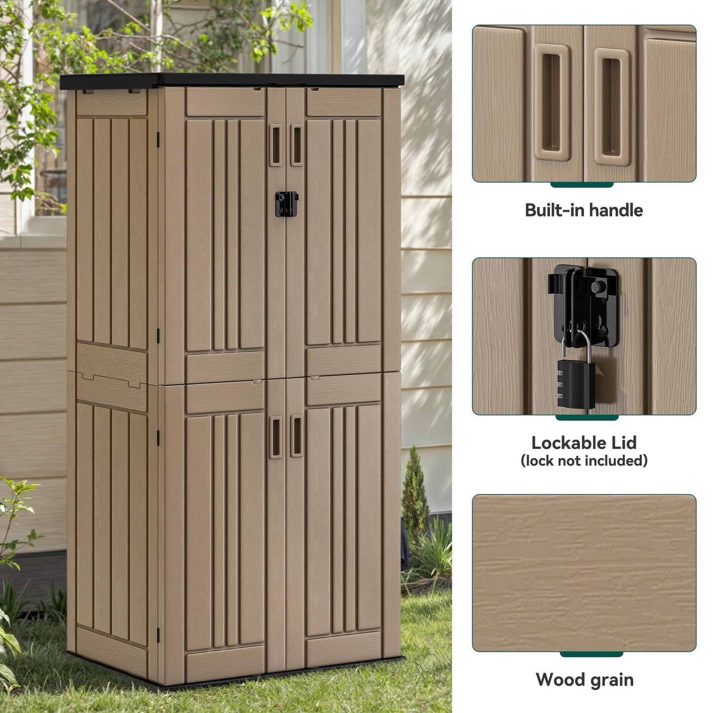YITAHOME Outdoor Storage Cabinet with 4 Shelves, Waterproof Resin Vertical Tool Shed, Lockable 30 cu. ft. Storage Shed for Patio, Garden, Yard, Brown