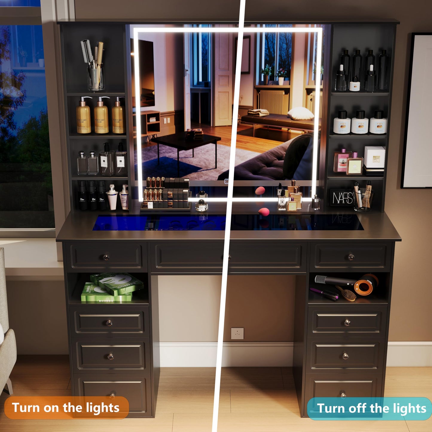 Wildhome Vanity Desk with Mirror and Light, Glass Top Dresser with 9 Drawers, Vanity Table with Storage, Dressing Table, Bedroom Makeup Desk for Women (Black-Glass Top)