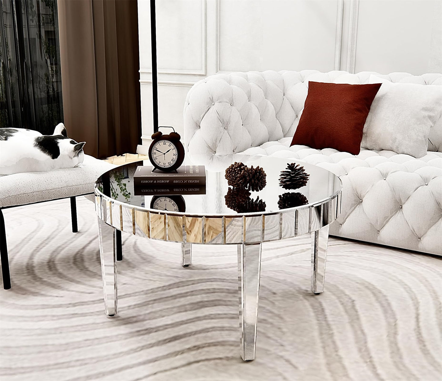 31.5in Round Mirrored Coffee Table, Wood Frame Glass Top Cocktail Coffee Table for Living Room Office, Modern Home Decor Sparkling Circular Sofa Center Table (Silver, 31.3''Lx31.3''Wx17.7''H)