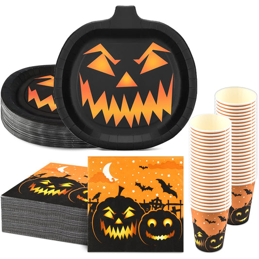 150Pcs Halloween Plates and Napkins Cups Party Supplies Disposable Dinner Dessert Appetizer Cutlery Plates Dinnerware Sets Black Pumpkin Jack-o'-lanterns Orange Spooky Decorations
