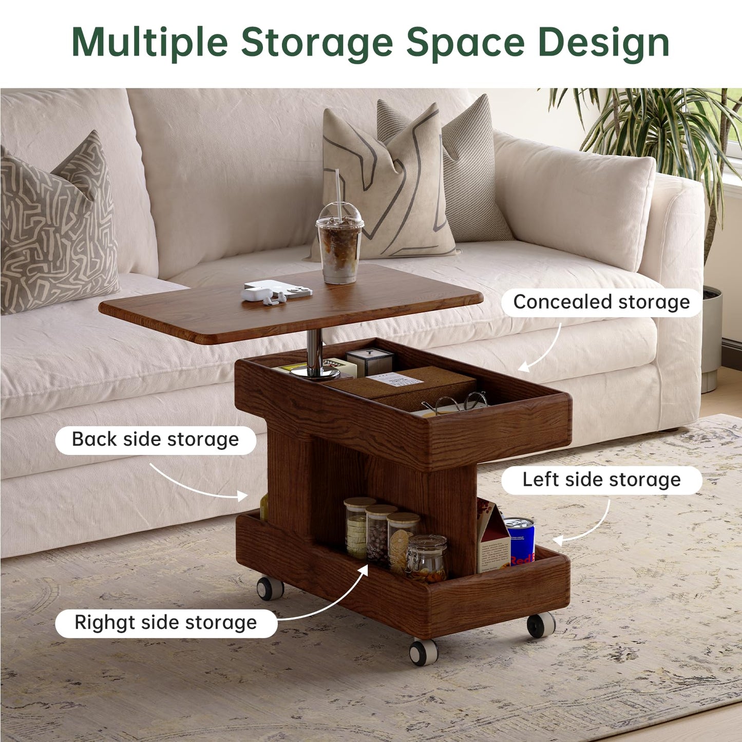 100% Solid Wood Lift Top Coffee Table with Storage, Small Bedside Table with Wheels and Rotating Desktop, Transform Coffee Table for Living Room, Recliner and Small Places(Walnut, No Need to Install)